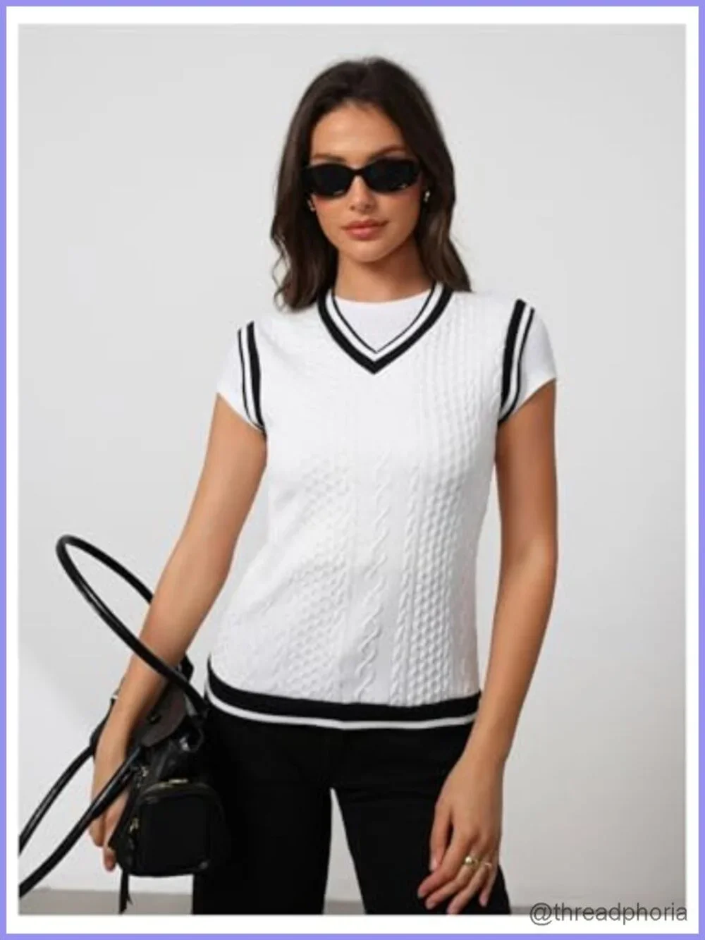 Women's Striped V-Neck Sleeveless Cable Knit Sweater Vest Tank Top
